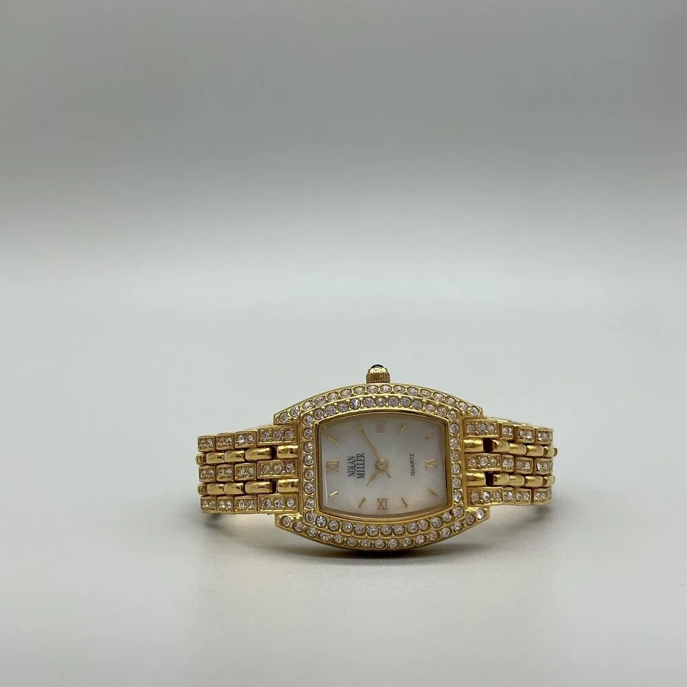 Nolan Miller Womens Watch 23mm MOP Dial Gold Tone Crystals New Battery 6.25